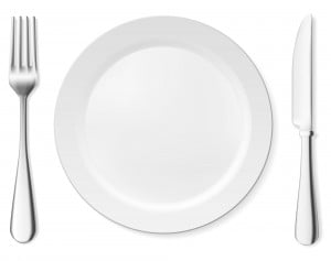 Dinner plate, knife and fork